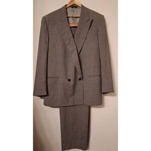 Perry Ellis 2 Piece Suit Mens 50R 42X31 Houndstooth Double Breasted Wool *Flaws